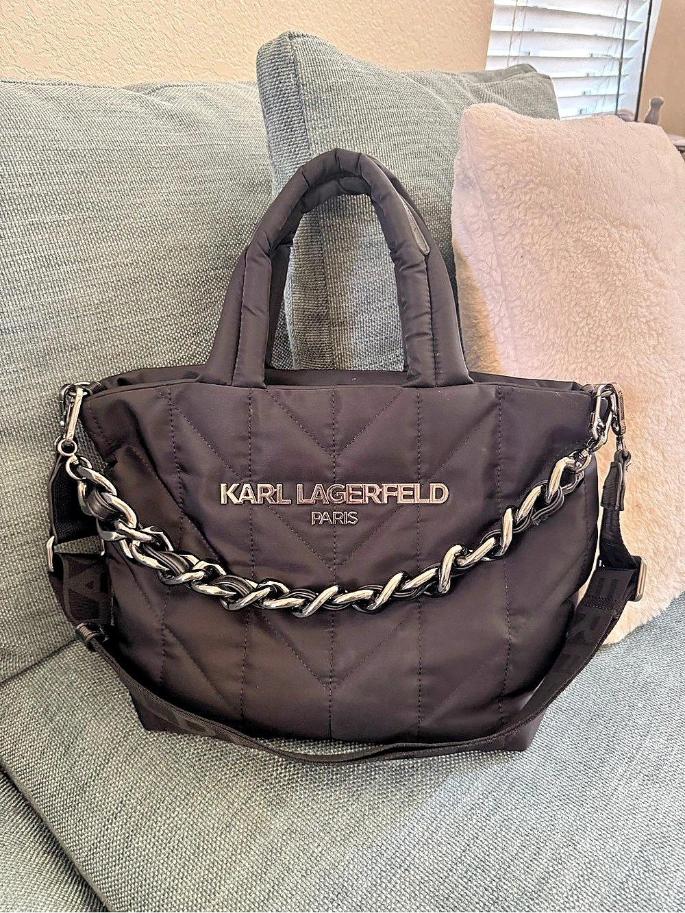 Karl Lagerfeld Voyage Quilted Chain Tote in Black